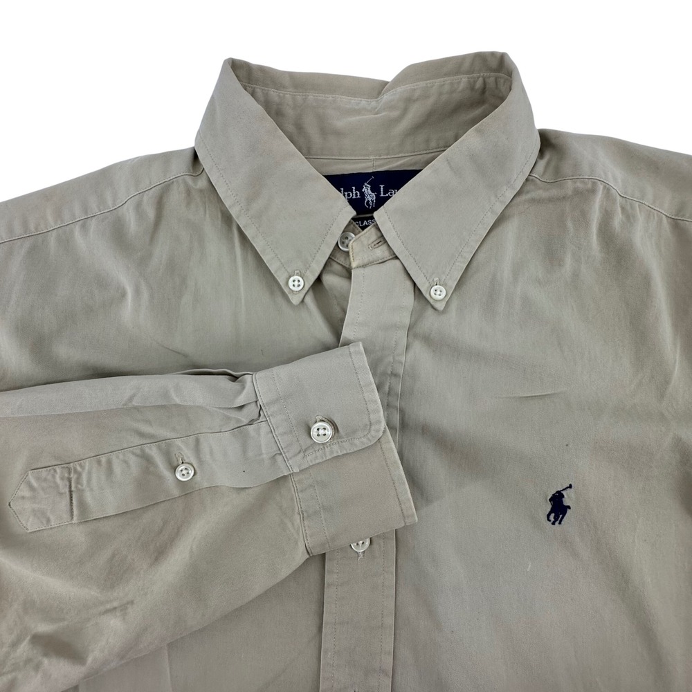 Ralph Lauren Button Down Shirt Mens L Tan Logo Cotton Preppy Old Money Classic